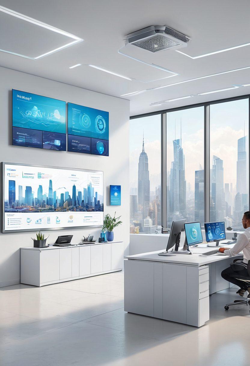 A futuristic office space with diverse employees interacting with digital screens displaying payroll information, benefits options, and workflow charts. The scene includes holograms and virtual assistants to emphasize advanced technology solutions. The background showcases a modern cityscape through large windows, symbolizing innovation and progress. super-realistic. vibrant colors. white background.