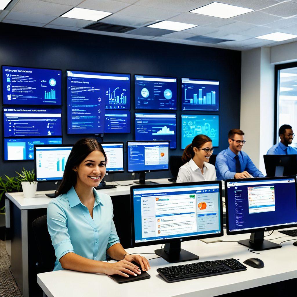 A sleek, modern office setup with employees happily working on computers, showcasing a glowing digital interface of the Estubview online employee portal. Highlight elements like organized payrolls, HR management icons, and seamless user interactions. Emphasize a sense of efficiency and ease-of-use. super-realistic. vibrant colors. clean and professional.